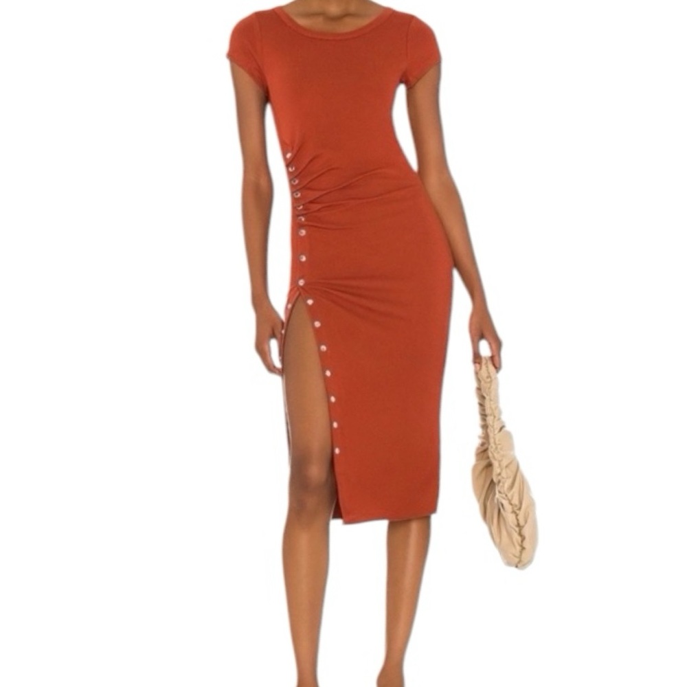 AllSaints Size 0 Hatti Snap Front Body Con Arabian Spice Rust Color Midi Dress